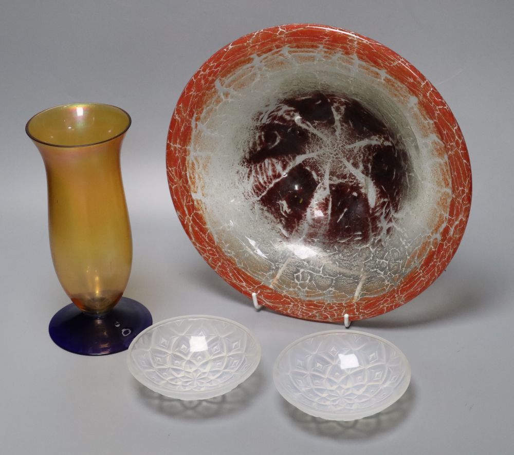 A Clyne Farquarson for John Walsh lead crystal Leaf vase, two WMF glass pieces and a pair of Choisy-le-Roi small dishes